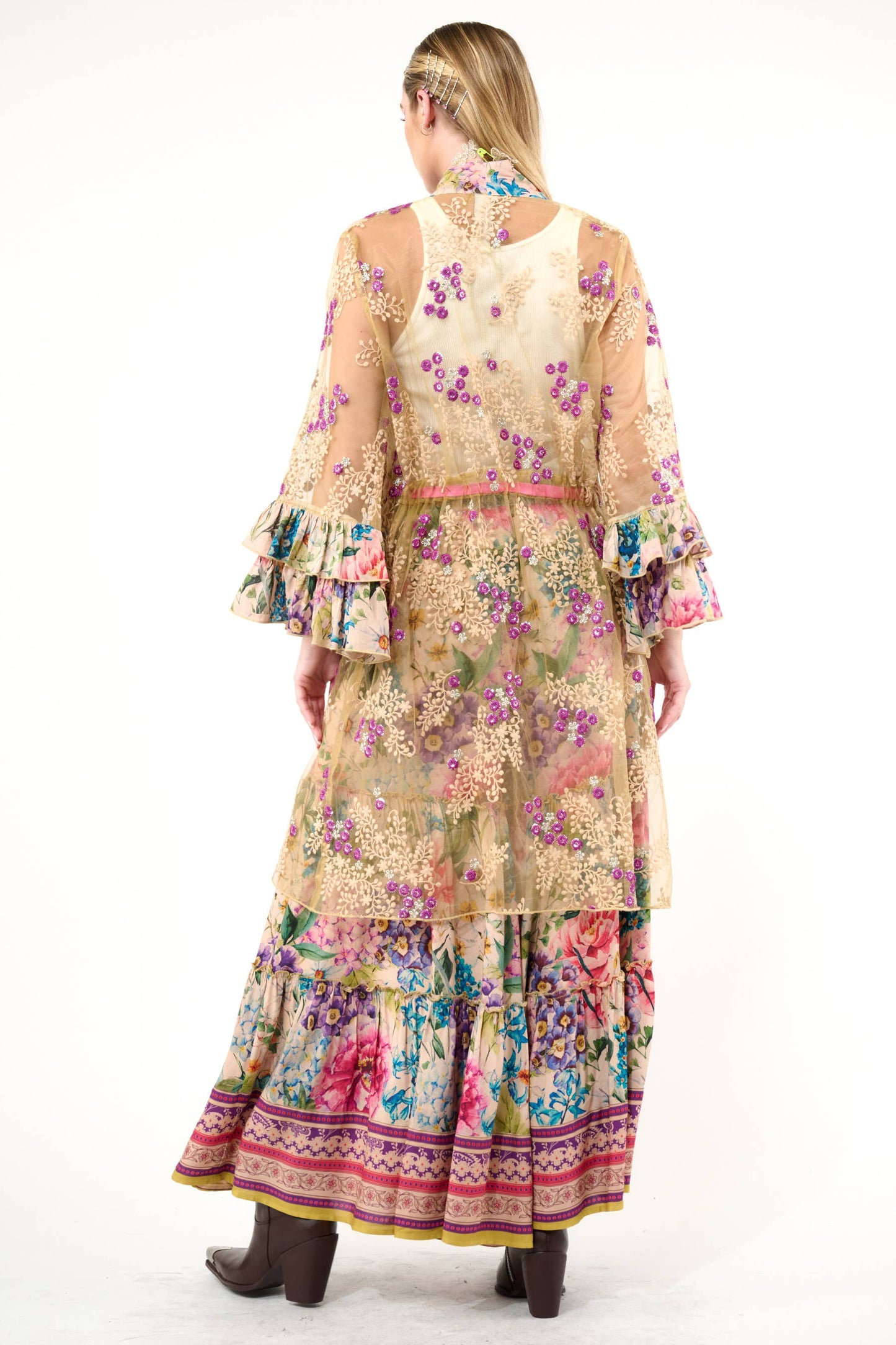Miss September Embellished Mesh Kimono: Antique Floral - Size Medium