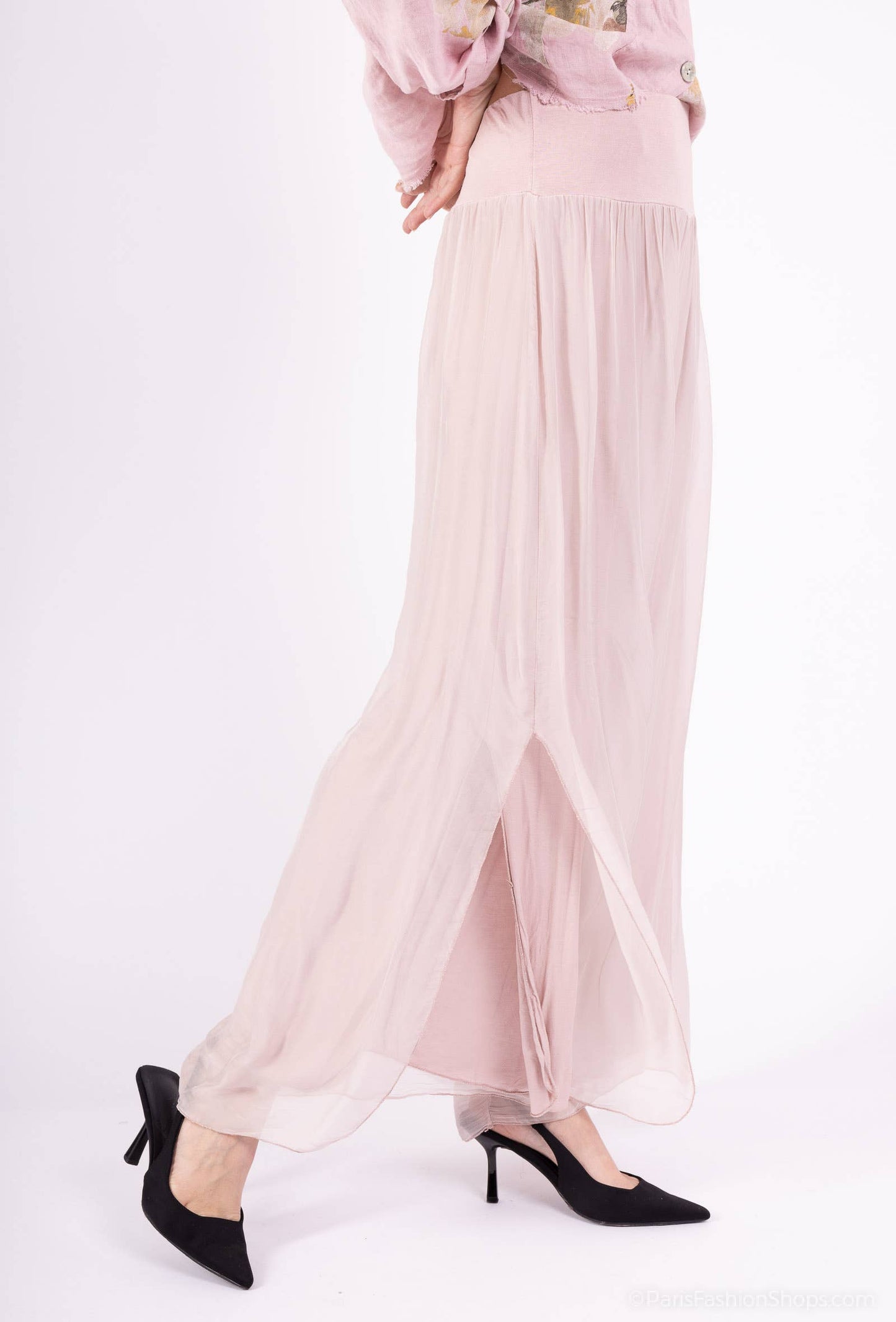 Silk pants with Side Split 30% silk - 70% viscose / Rose / One size- S