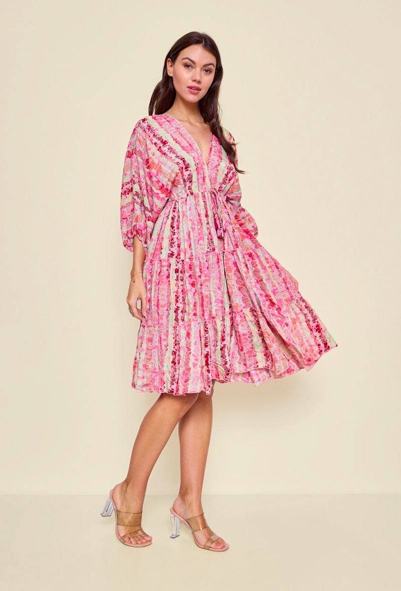 Short A-line silk dress with print - One size