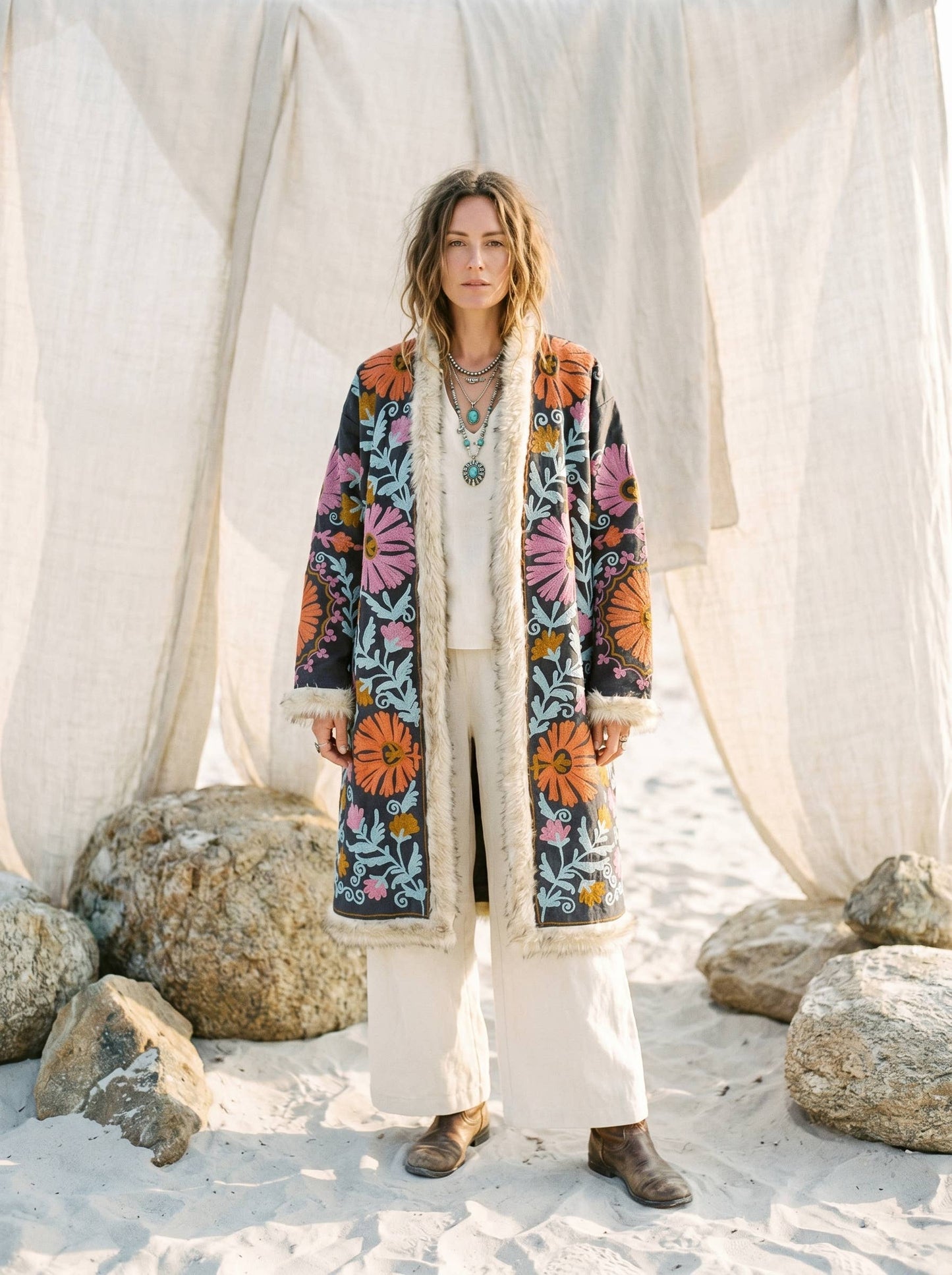 Embroidered LongCoat Velvet Faux-Fur Trim 70s Style