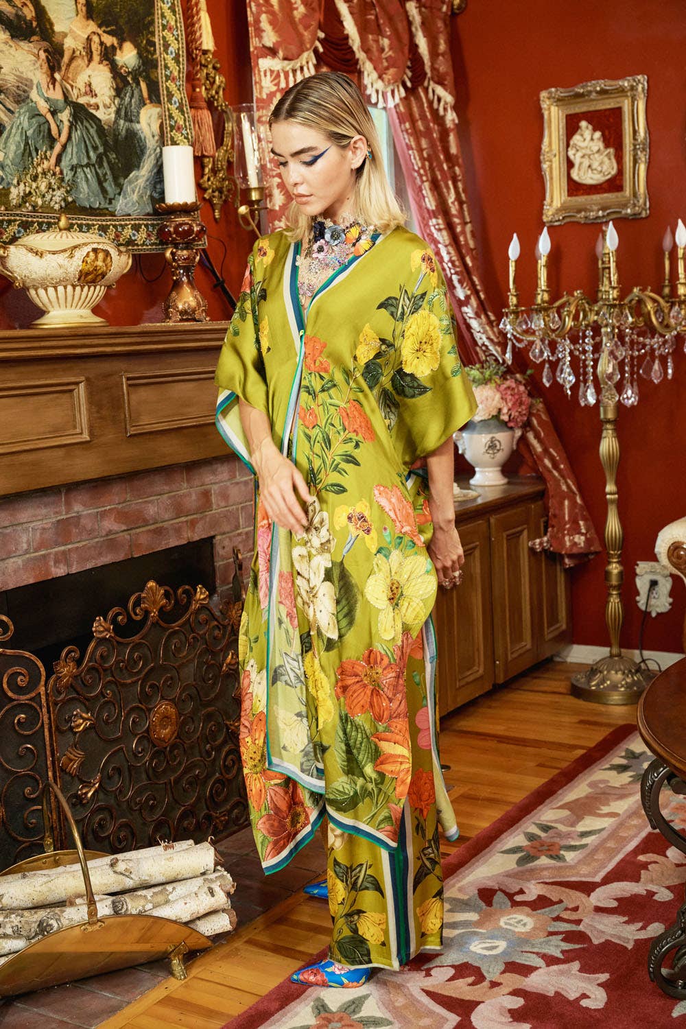 French Riviera Hand-Beaded Kimono / Topper: Olive Floral / One Size
