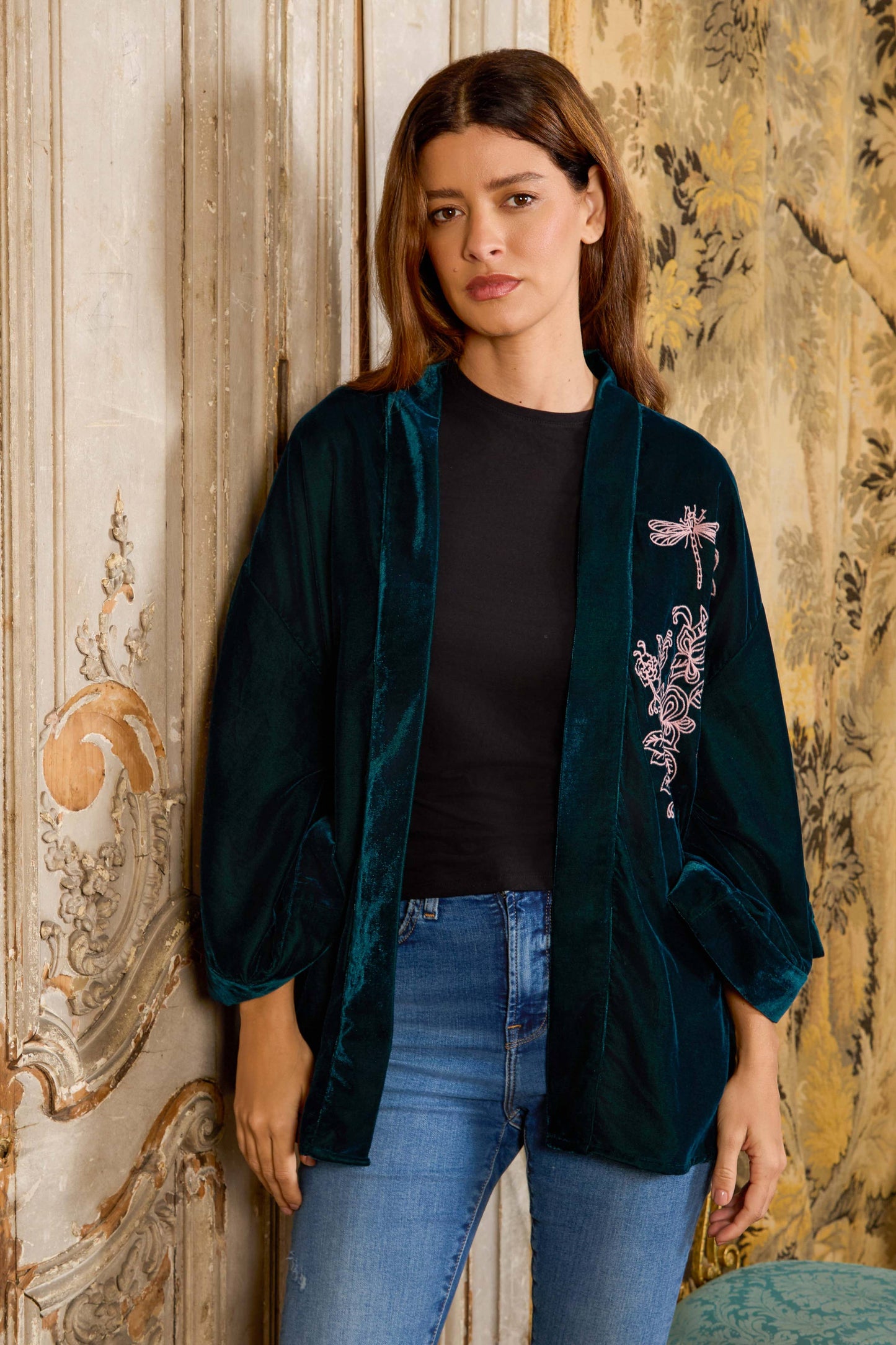 Wild Flowers & Butterflies Teal & Pink Velvet Embroidered Short Kimono: One size