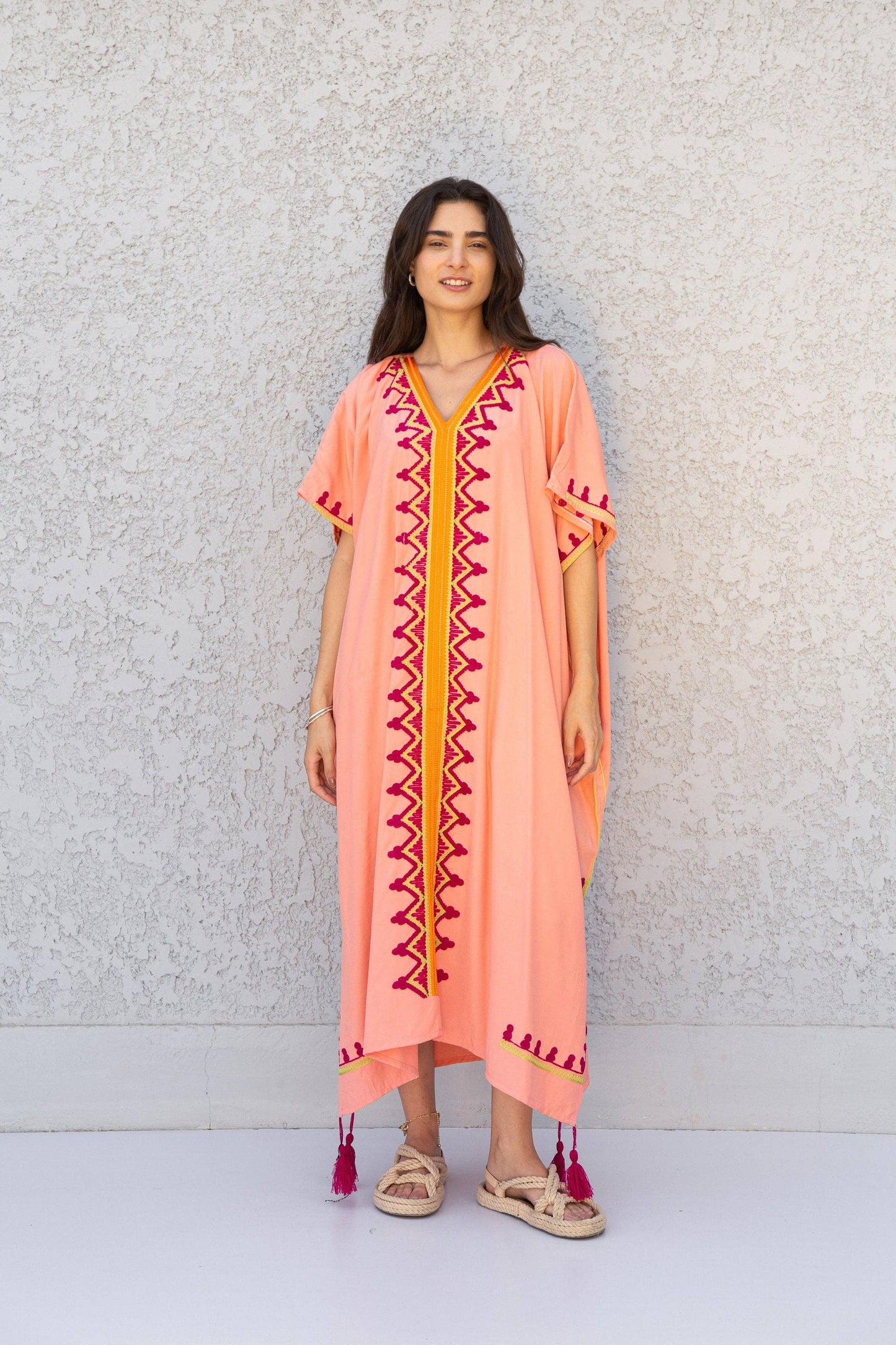 Peach Embroidered Egyptian Cotton Kaftan- One size