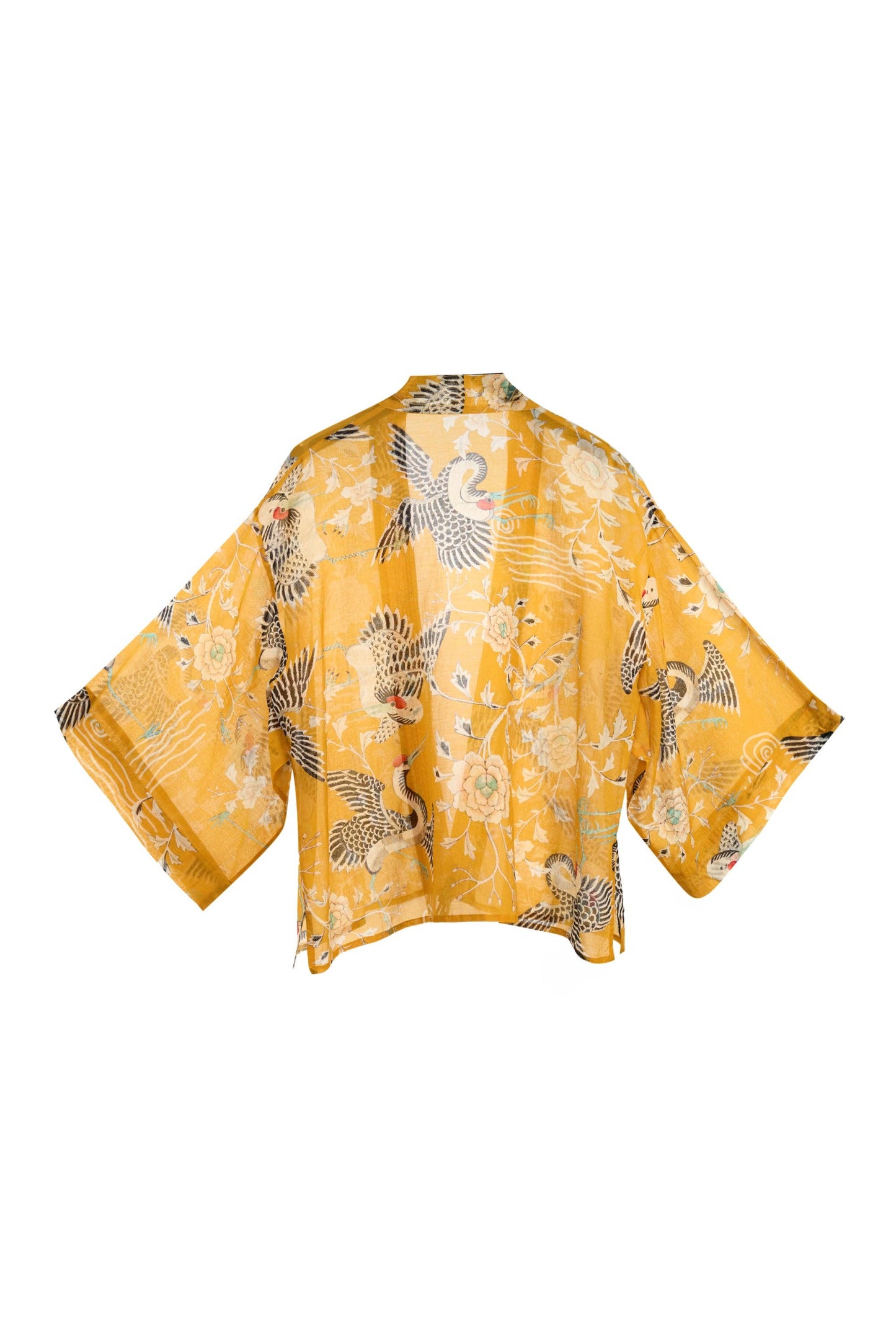 Mustard Dynastic Bird Print Light Weight Kimono: One size