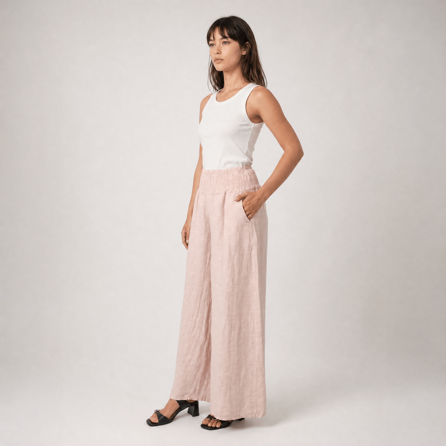 Wide linen pants with elastic waistband : Navy Blue