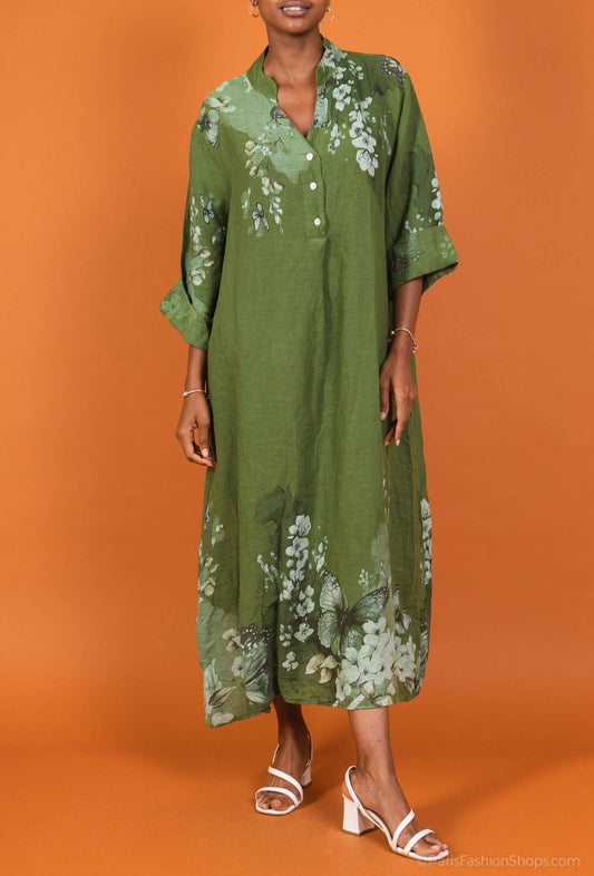 Floral linen dress: 100% linen / Olive / One size fits M to L
