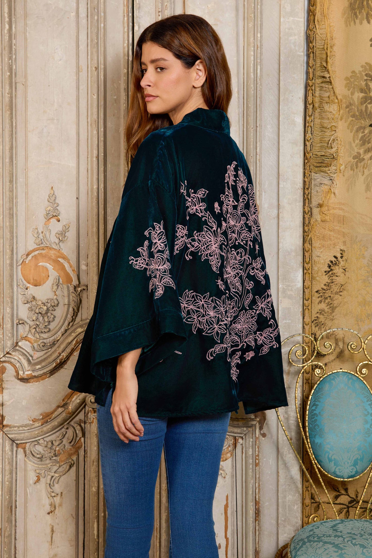 Wild Flowers & Butterflies Teal & Pink Velvet Embroidered Short Kimono: One size