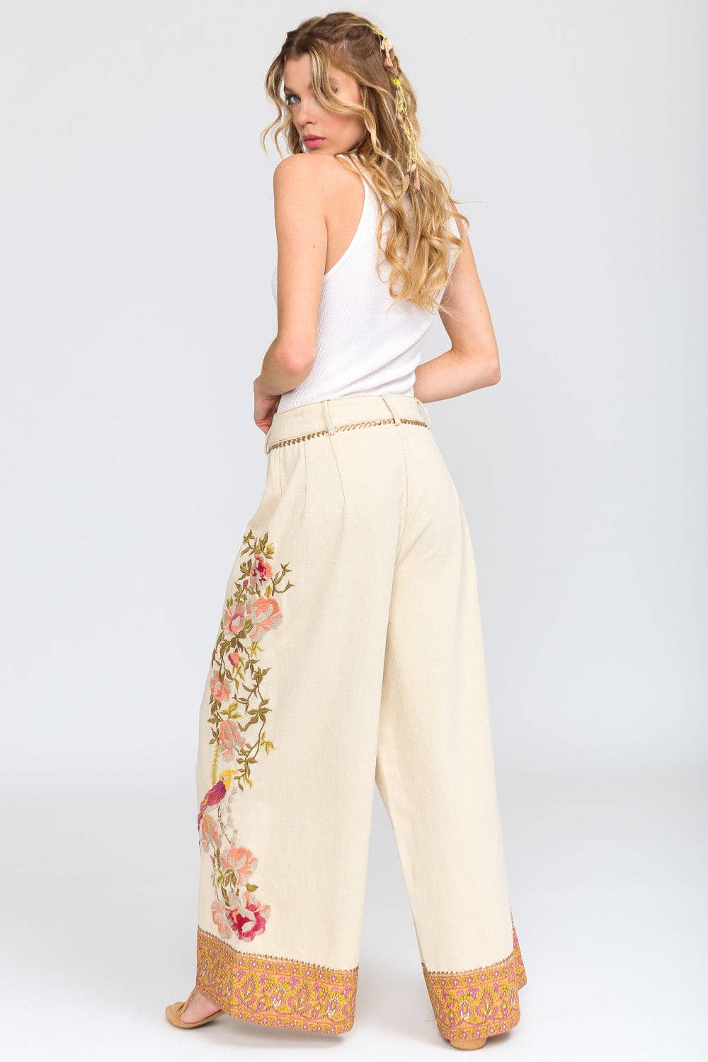 Time To Shine Denim Pants | Wide Leg Pants | Floral Pants: Cream / Small