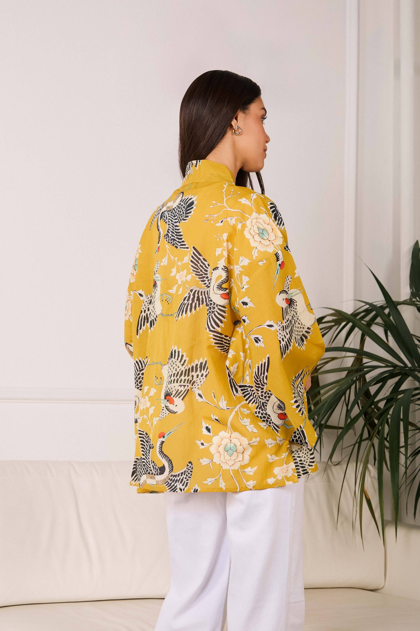 Mustard Dynastic Bird Print Light Weight Kimono: One size