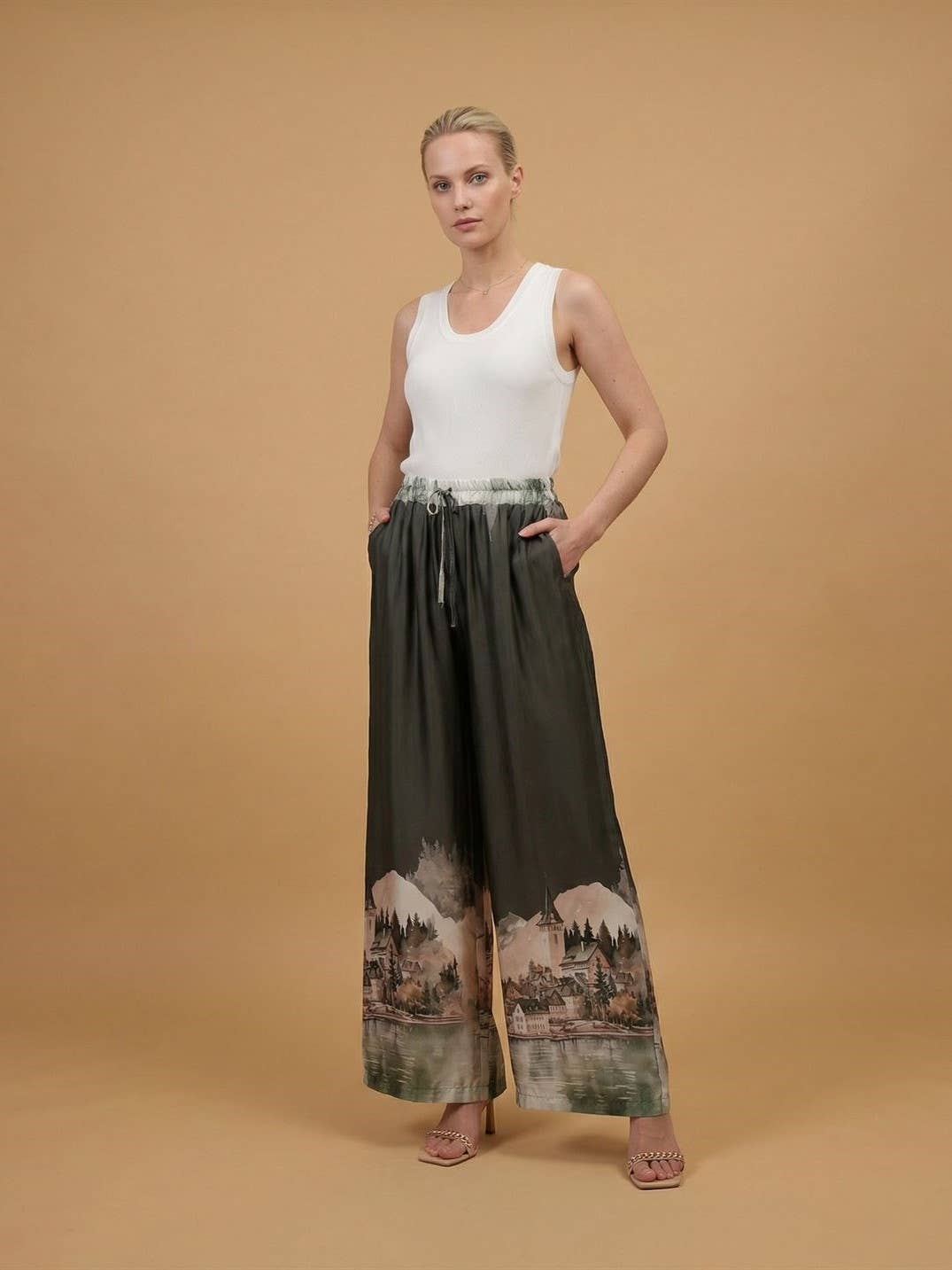 Italian Satin landscape print satin trousers  Navy Blue