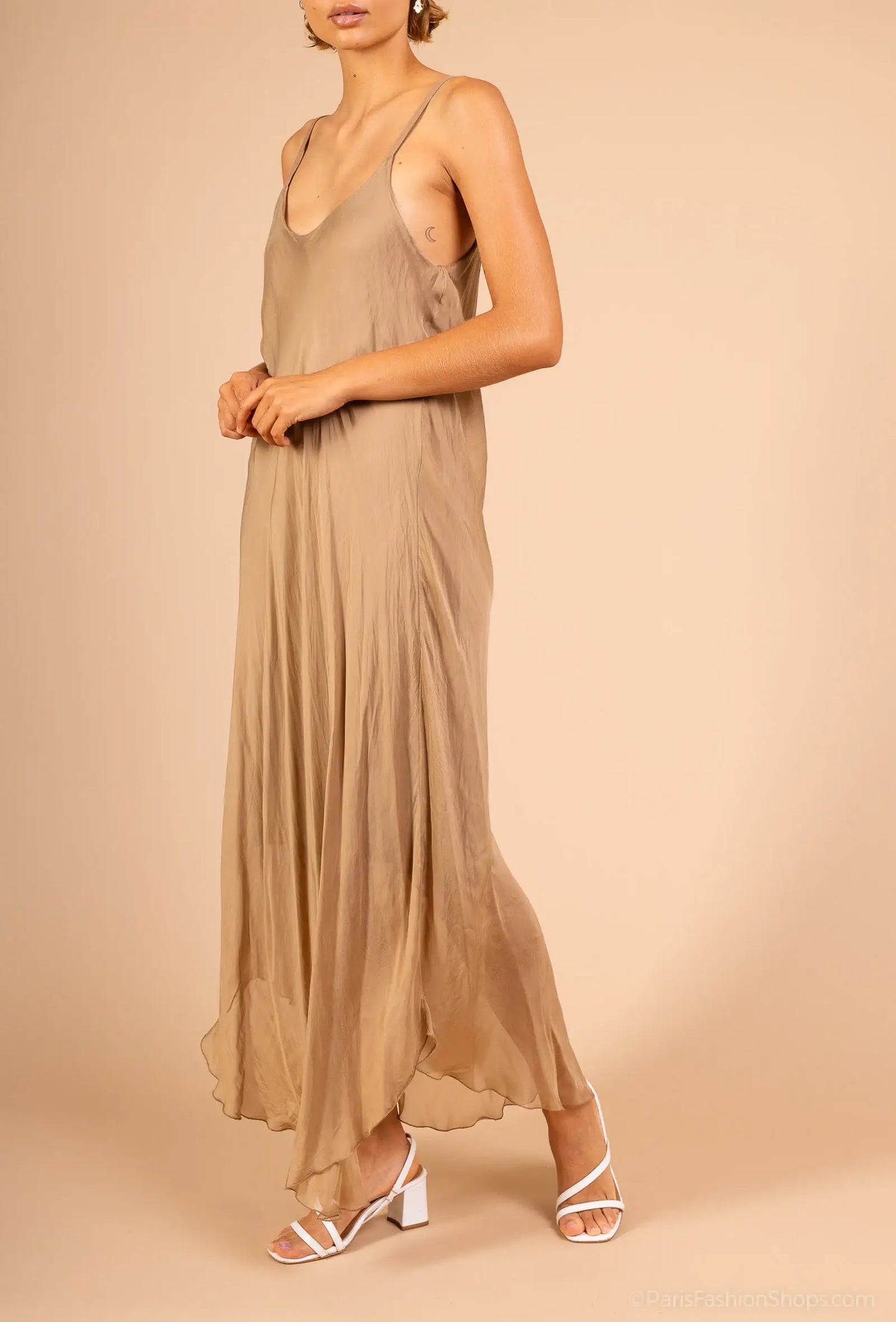 Bias-cut silk dress: 30% silk 70% viscose / Camel / Small
