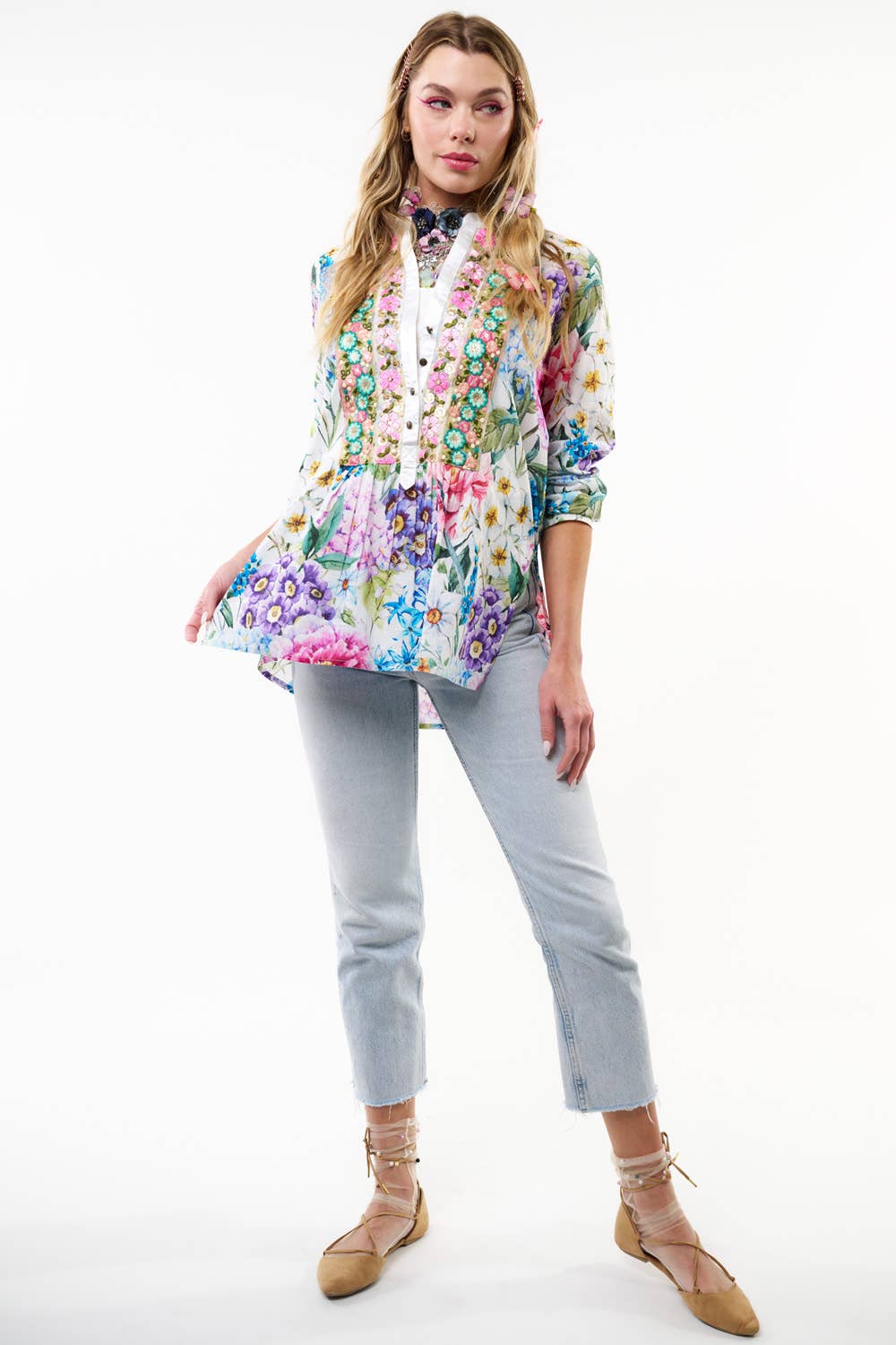 Ibiza Embroidered Blouse: White Floral / S