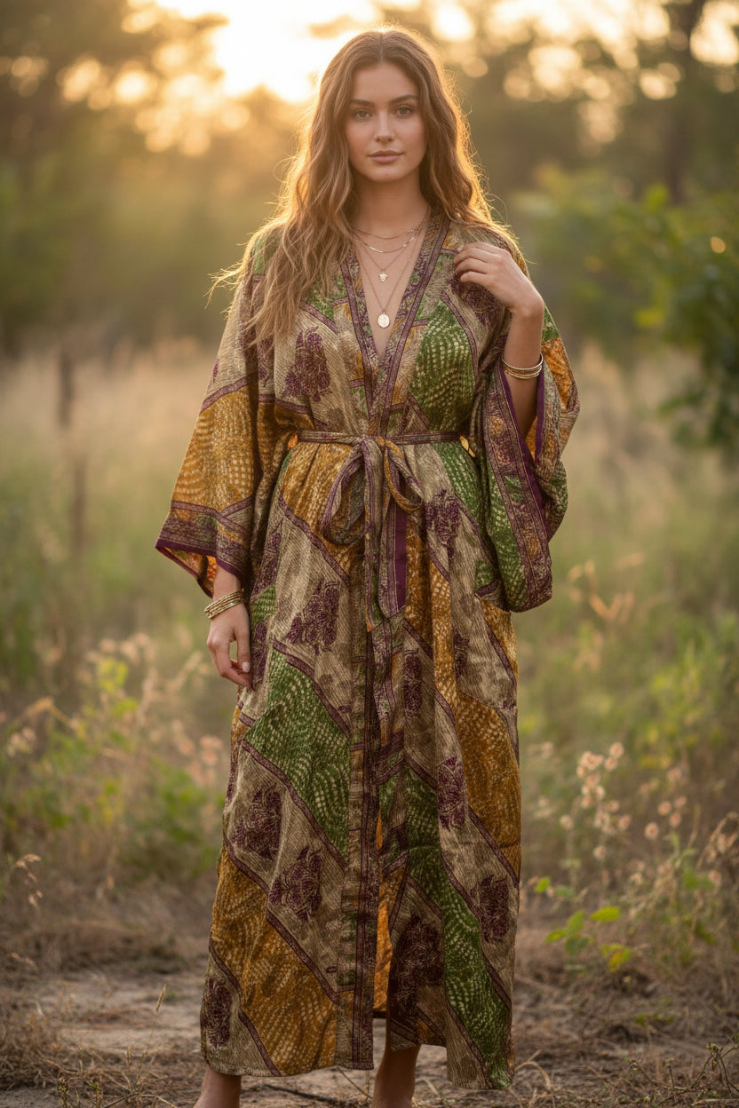 Recycle Silk Sari Women Kimono Gardenia House Robe Beachwear