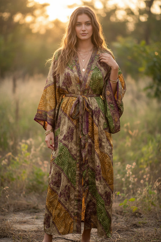 Recycle Silk Sari Women Kimono Gardenia House Robe Beachwear
