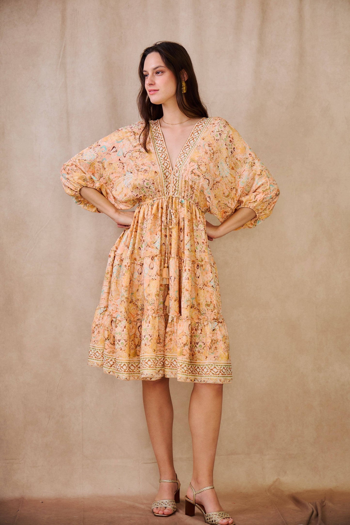 Short A-line silk dress with Pastel print -  One size