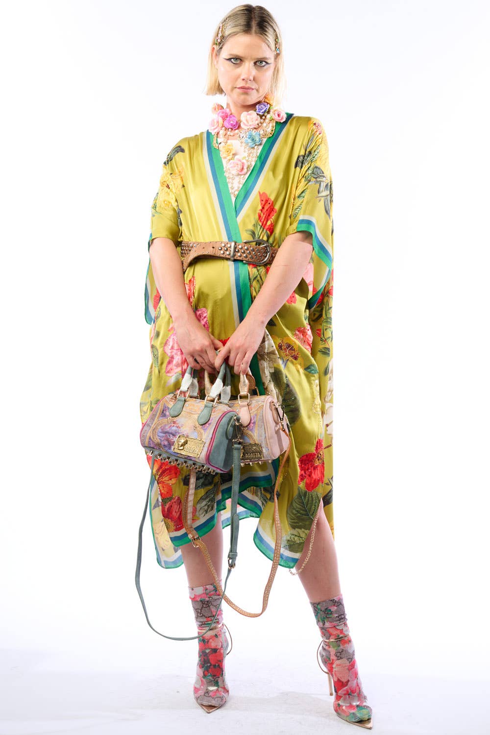 French Riviera Hand-Beaded Kimono / Topper: Olive Floral / One Size