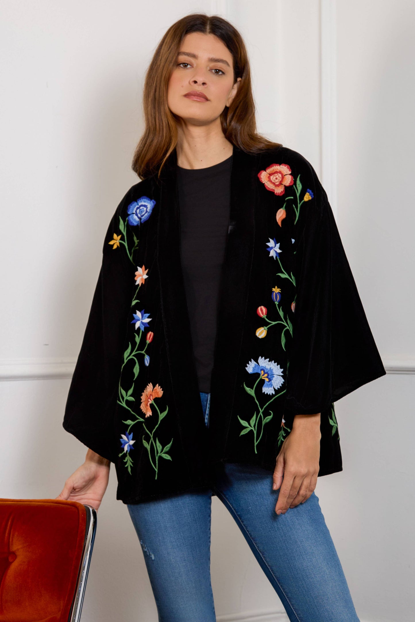 Regal Floral & Bird Embroidery Velvet Luxury Kimono: One size