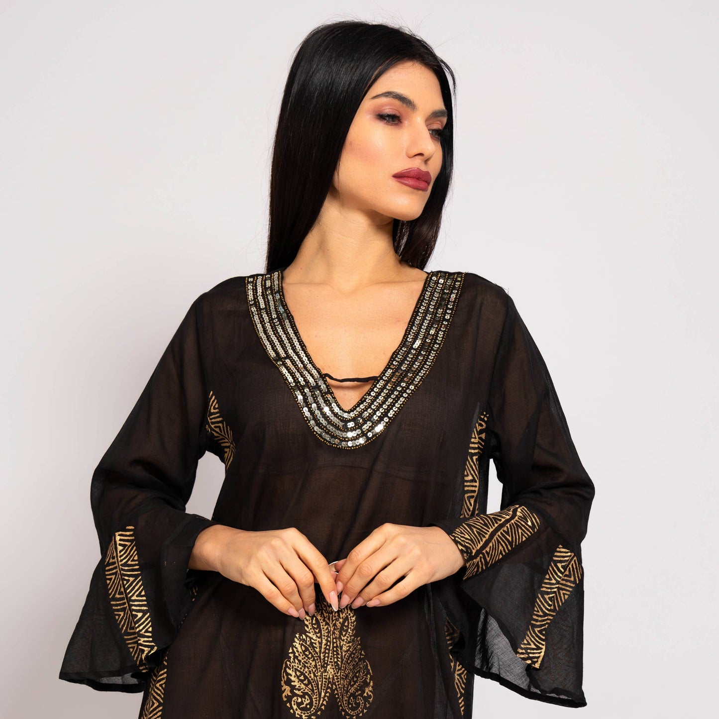 LONG SLEEVE BLACK COTTON KAFTAN: L/XL