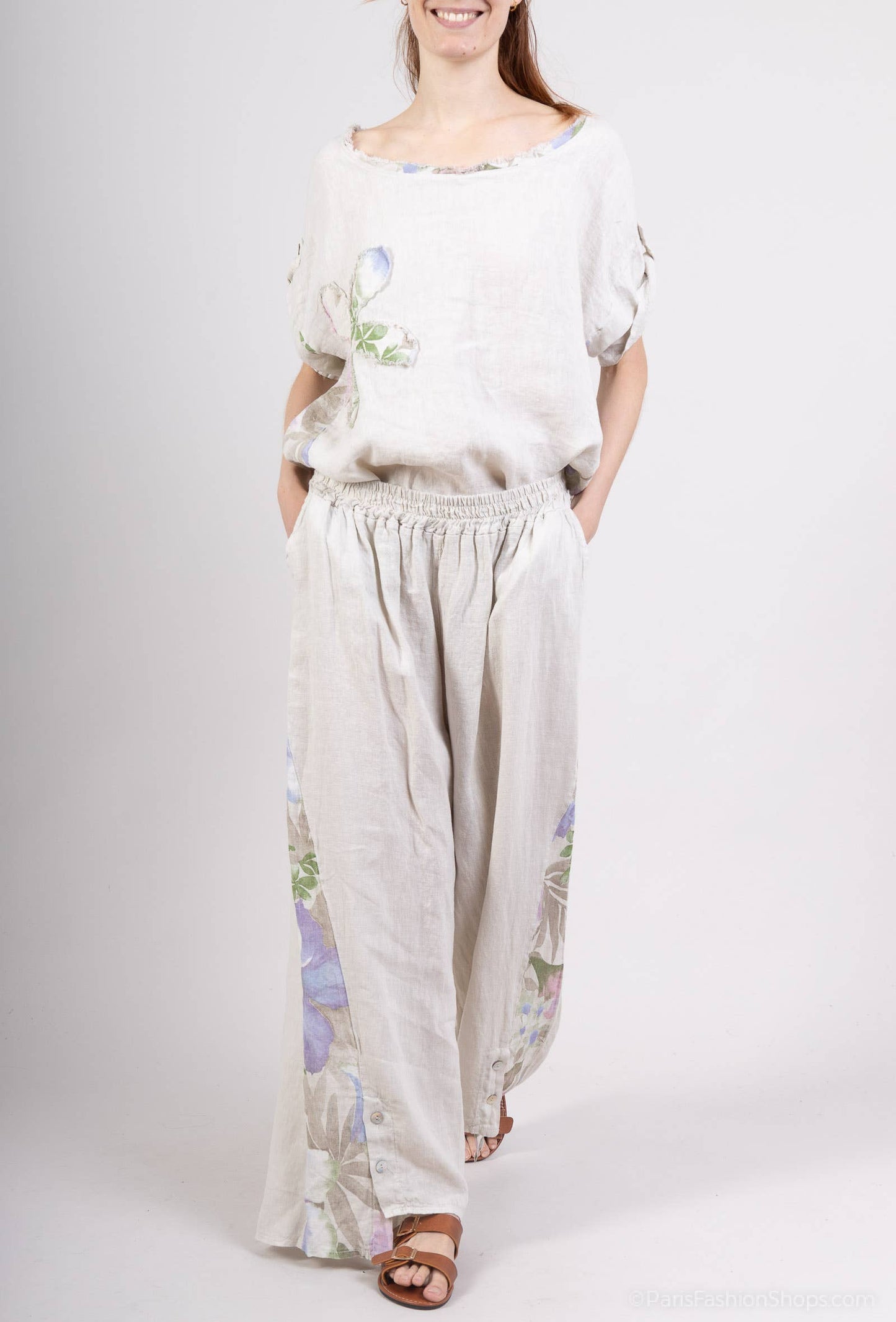 Pants with floral side panel- 100% linen / Beige / One size fits 14 to 16