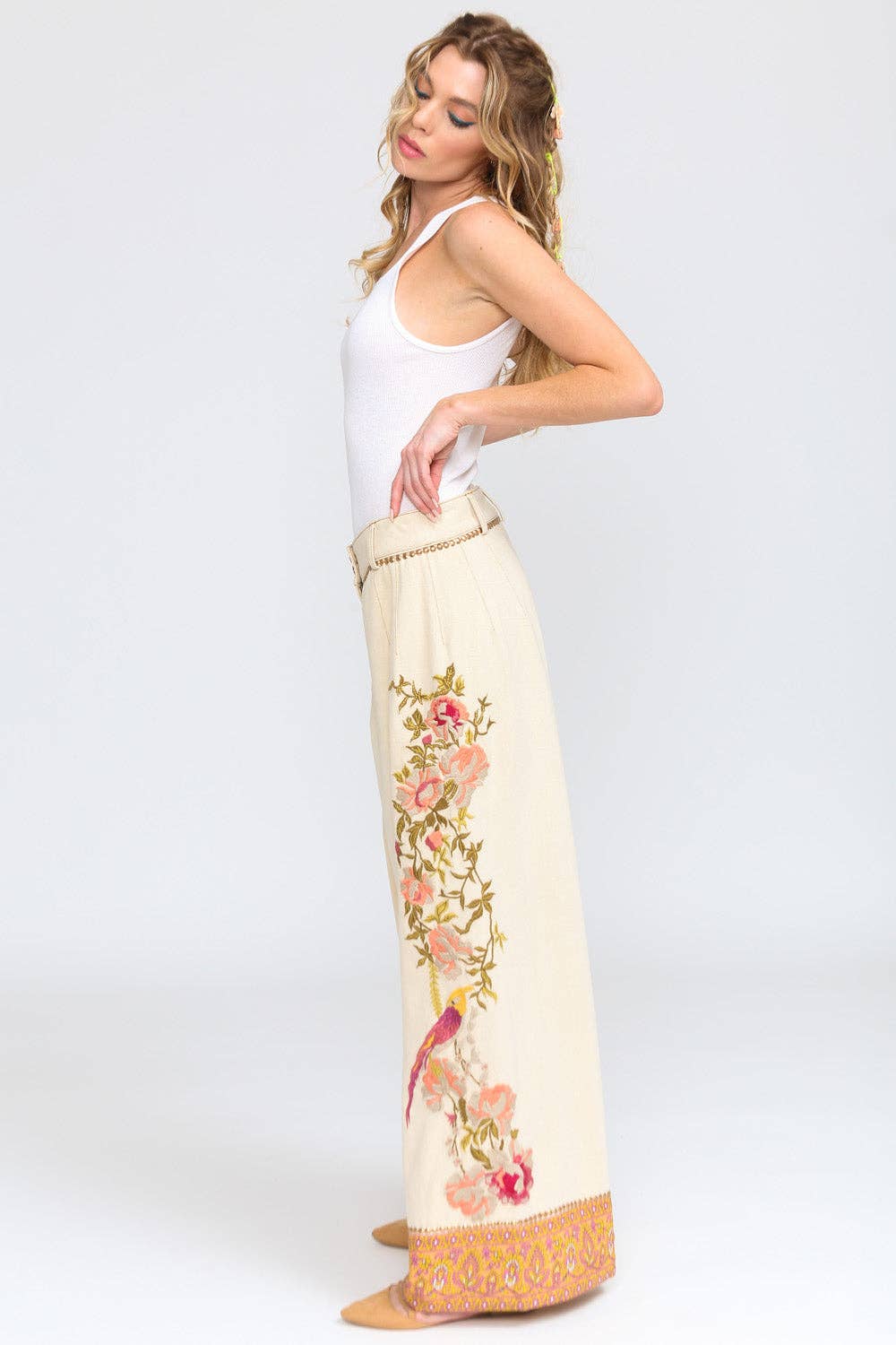Time To Shine Denim Pants | Wide Leg Pants | Floral Pants: Cream / Small