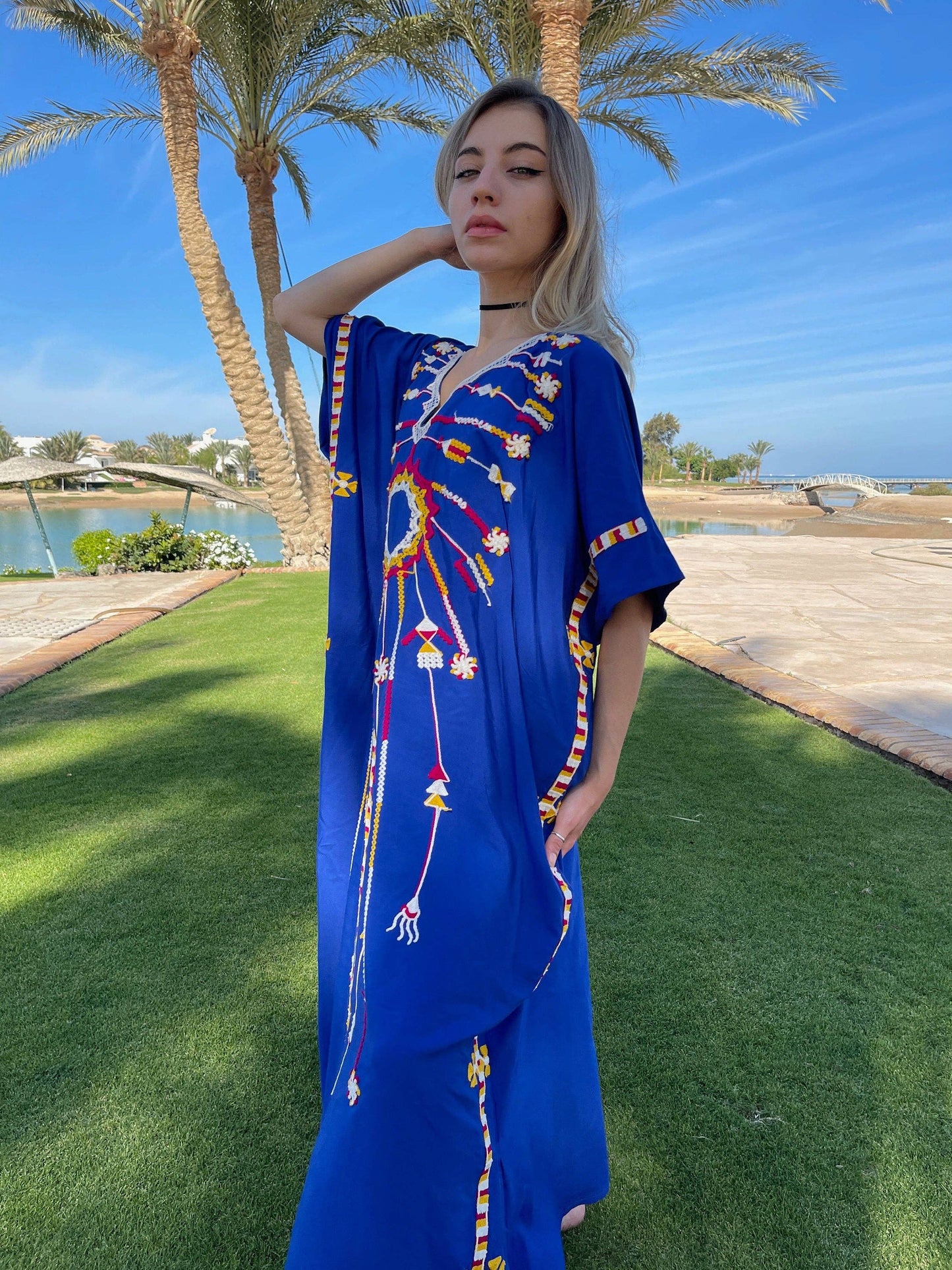Electric Blue Egyptian Cotton Embroidered Kaftan