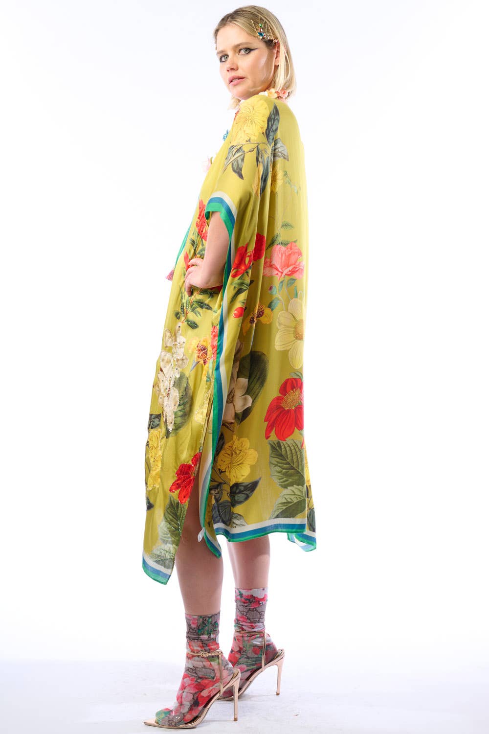 French Riviera Hand-Beaded Kimono / Topper: Olive Floral / One Size