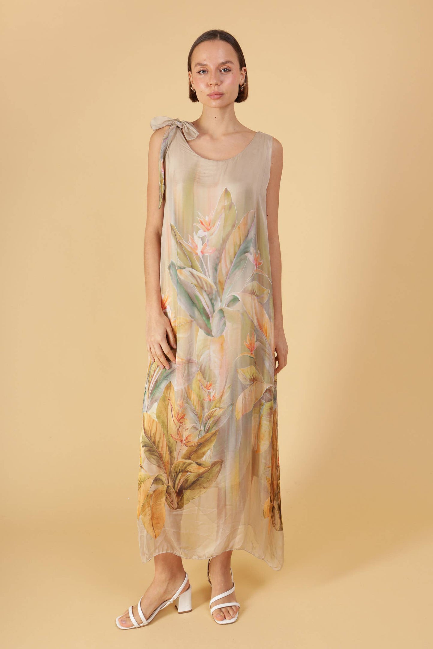 Long Silk Dress; 30% silk - 70% viscose / Beige / Size S to M