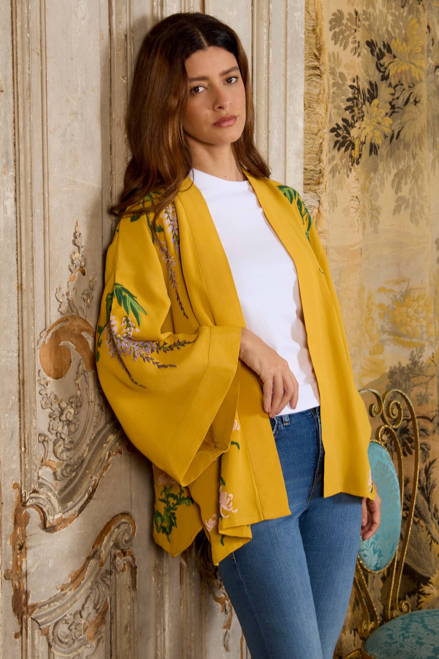 Wisteria & Chrysanthemum Embroidered Mustard Fully Lined Short Kimono: One Size