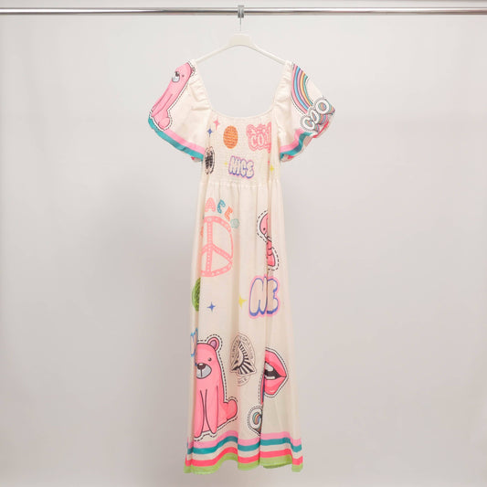 Long printed dress with balloon sleeves. Made in Italy- One size s to m