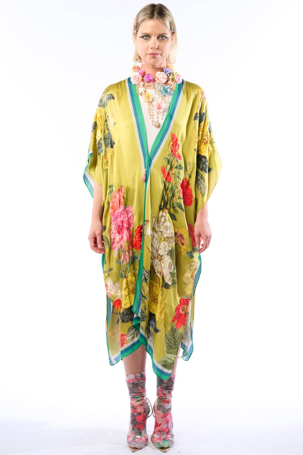 French Riviera Hand-Beaded Kimono / Topper: Olive Floral / One Size