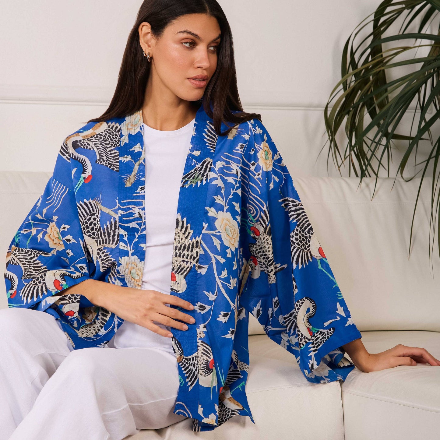 Electric Blue Dynastic Bird Print Light Weight Kimono: One size