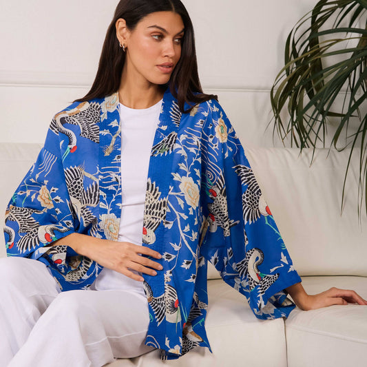 Electric Blue Dynastic Bird Print Light Weight Kimono: One size
