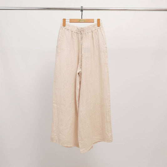 Wide linen pants with elastic waistband in Beige