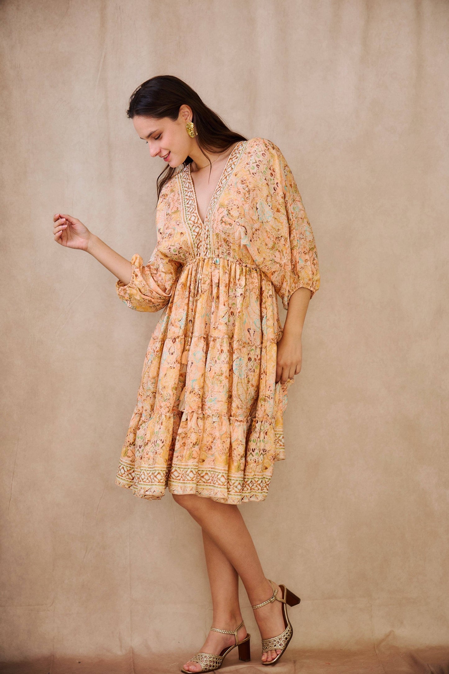 Short A-line silk dress with Pastel print -  One size