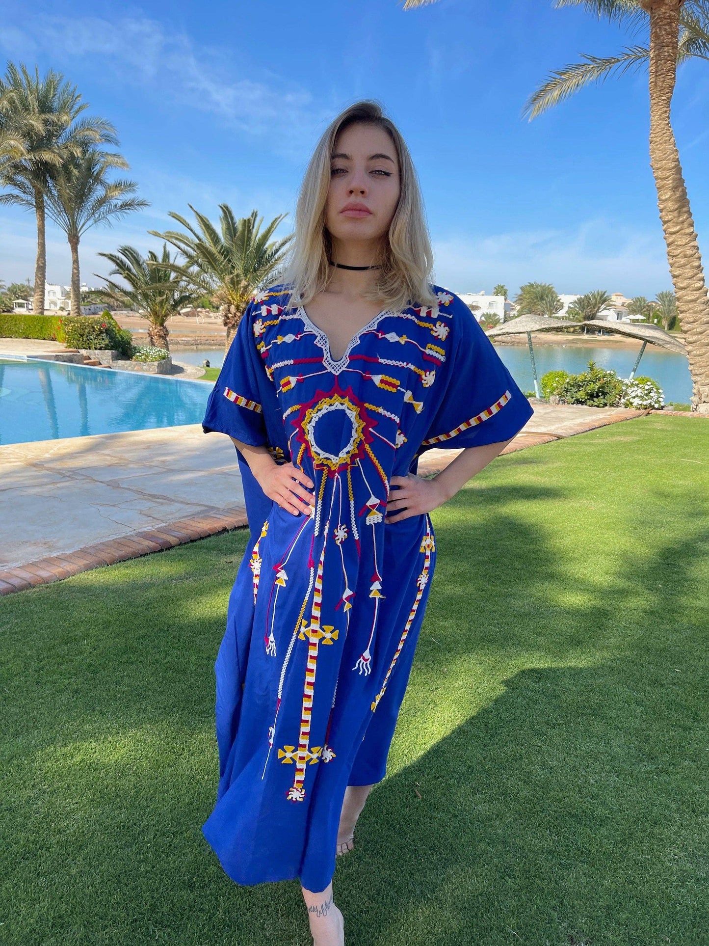 Electric Blue Egyptian Cotton Embroidered Kaftan