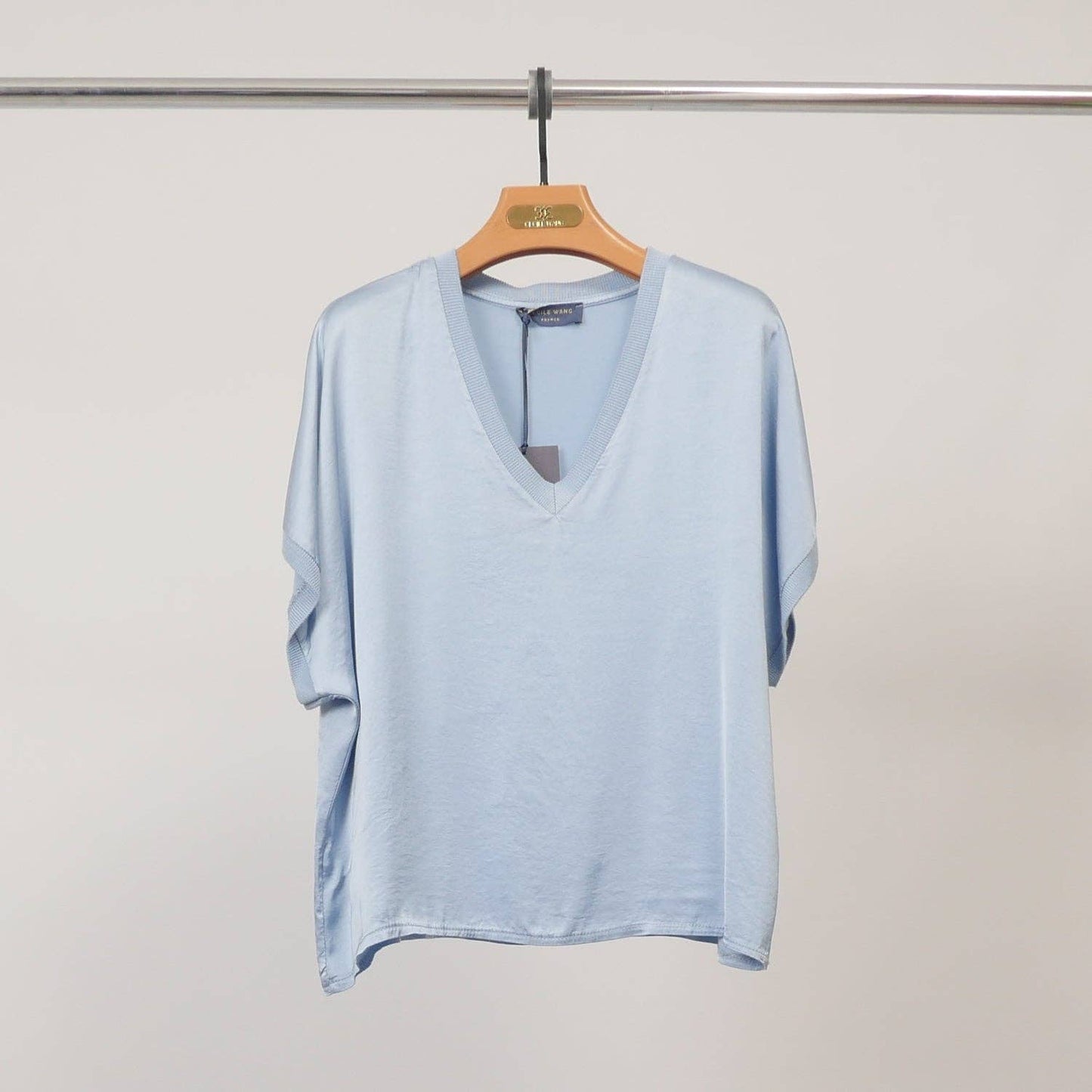 Satin V-neck tunic with shiny ribbed trim : Sky blue