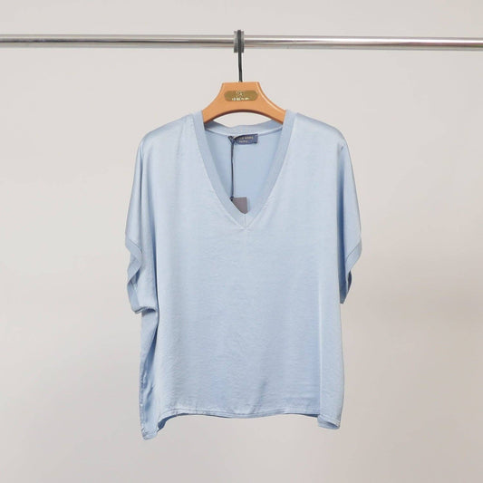 Satin V-neck tunic with shiny ribbed trim : Sky blue