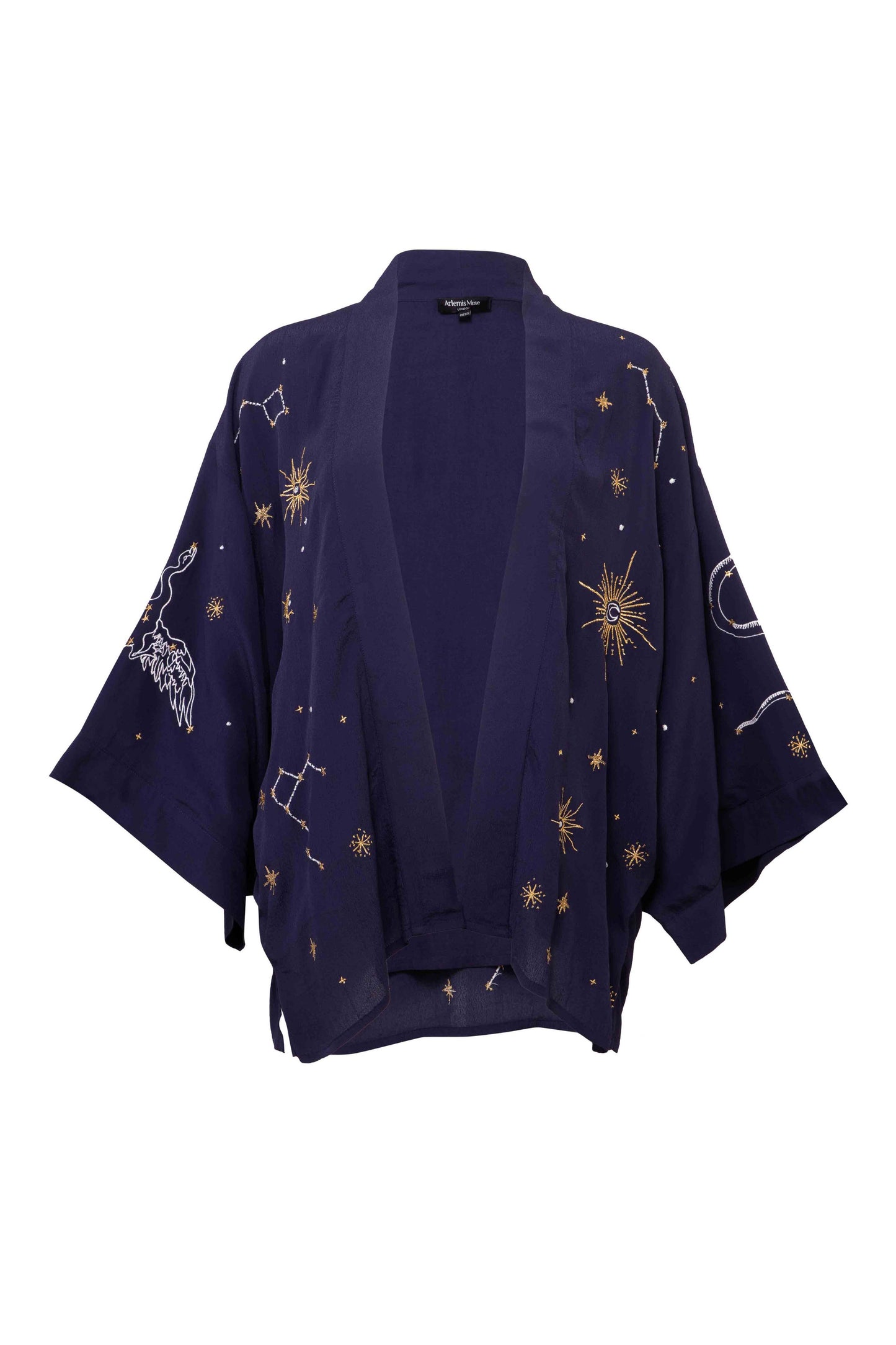 Cosmos Embroidered Navy Blue, Ivory and Gold Fully Lined Short Kimono: One Size