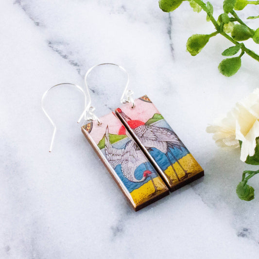 Vintage Japanese Crane Rectangle Earrings
