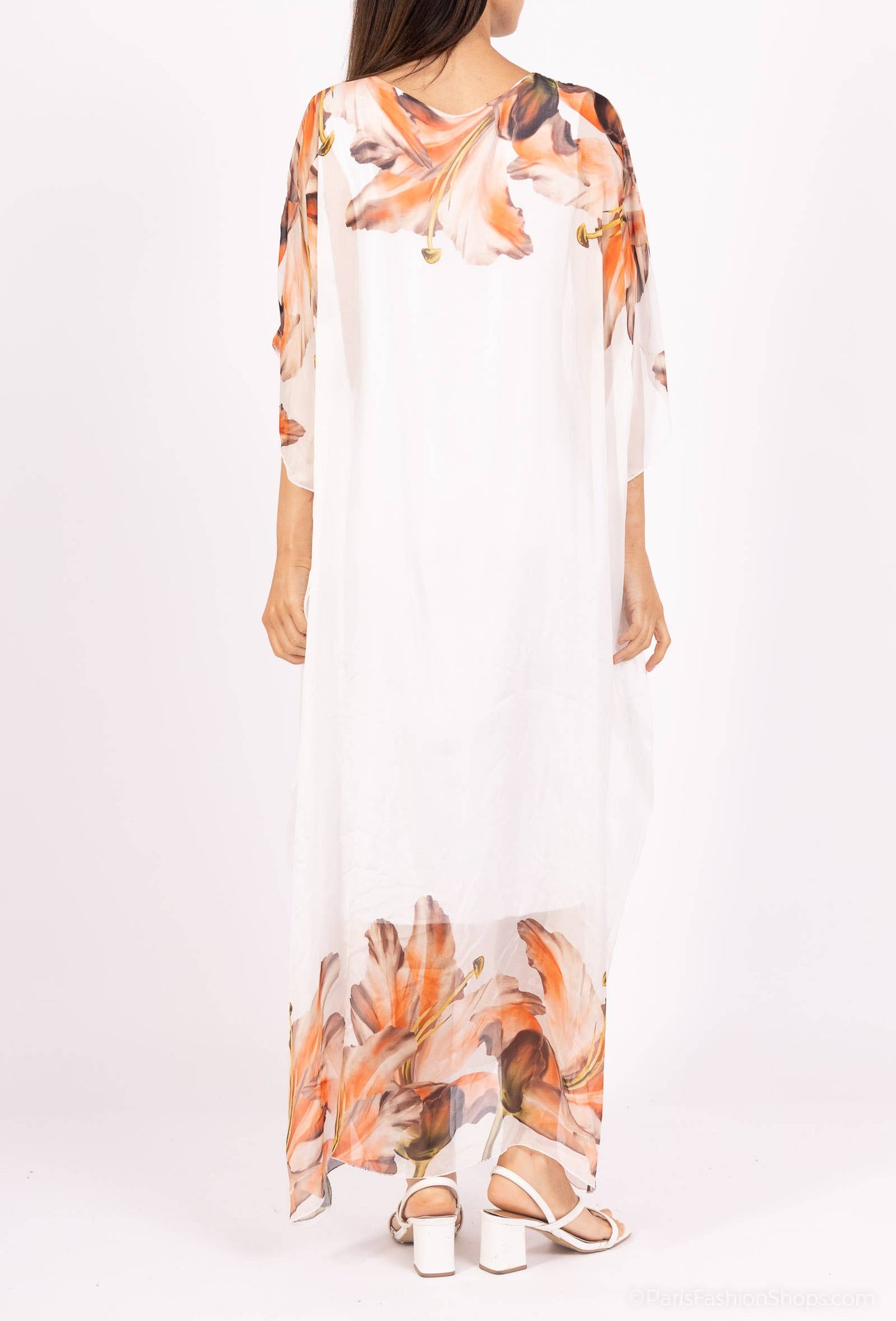 Silk dress with placed floral print: 30% silk 70% viscose / White / Size S to M