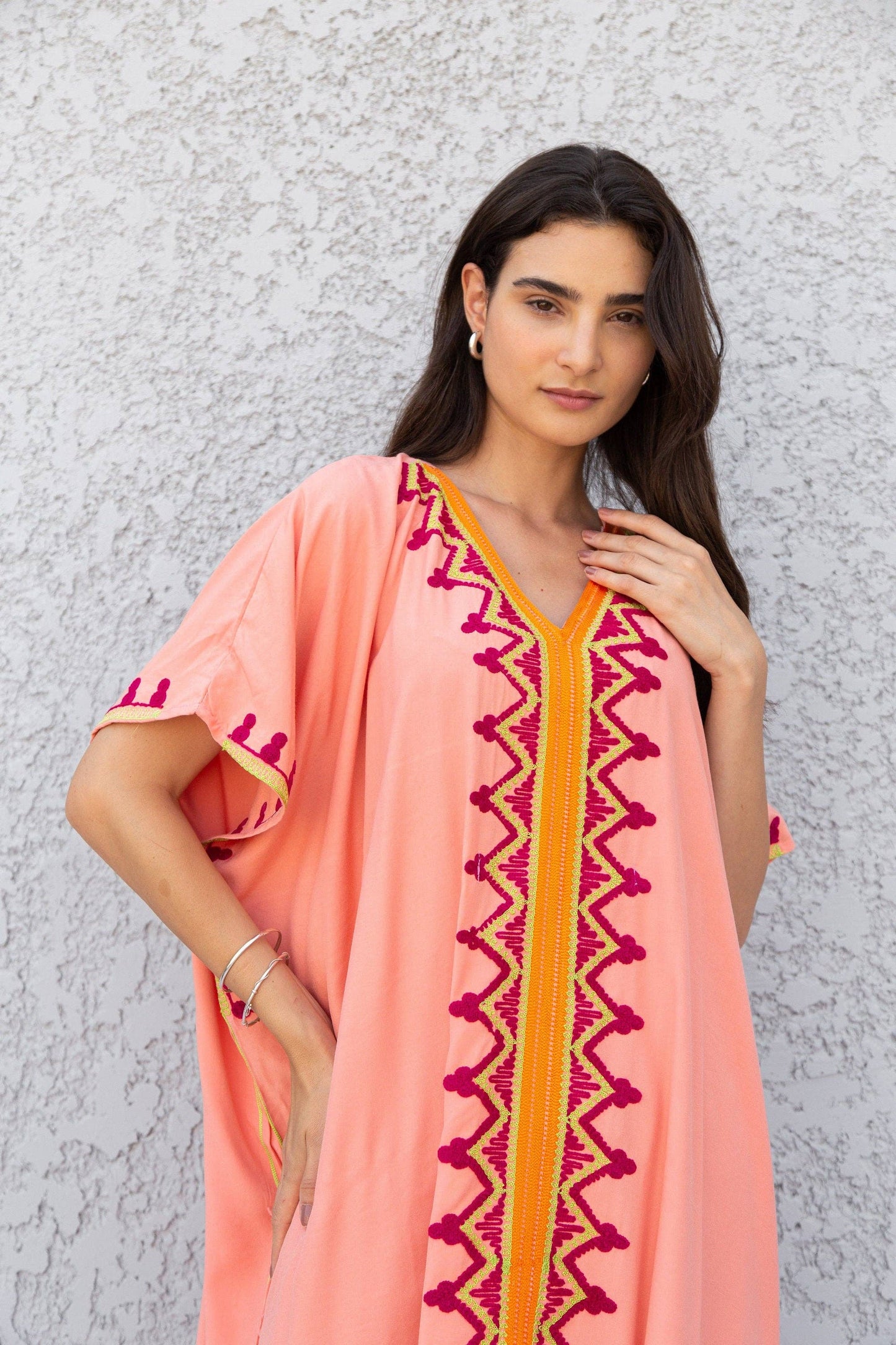 Peach Embroidered Egyptian Cotton Kaftan- One size