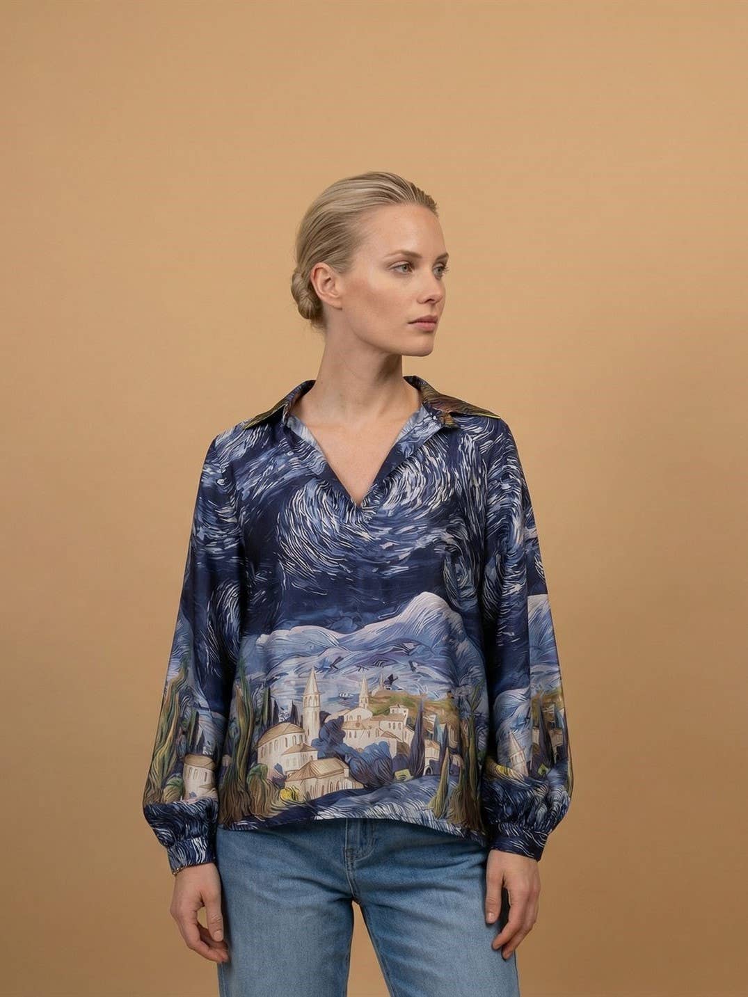 Satin landscape print shirt: Navy Blue- One size
