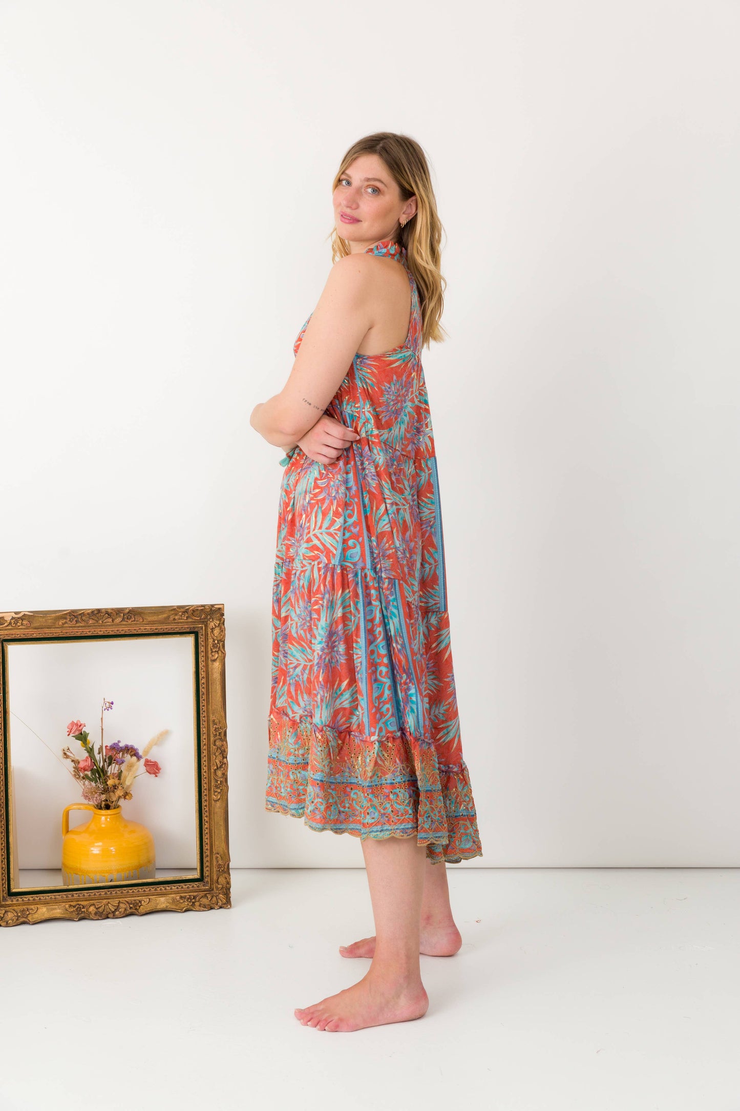 3/4 Long silk dress with embroidery anglaise-One size