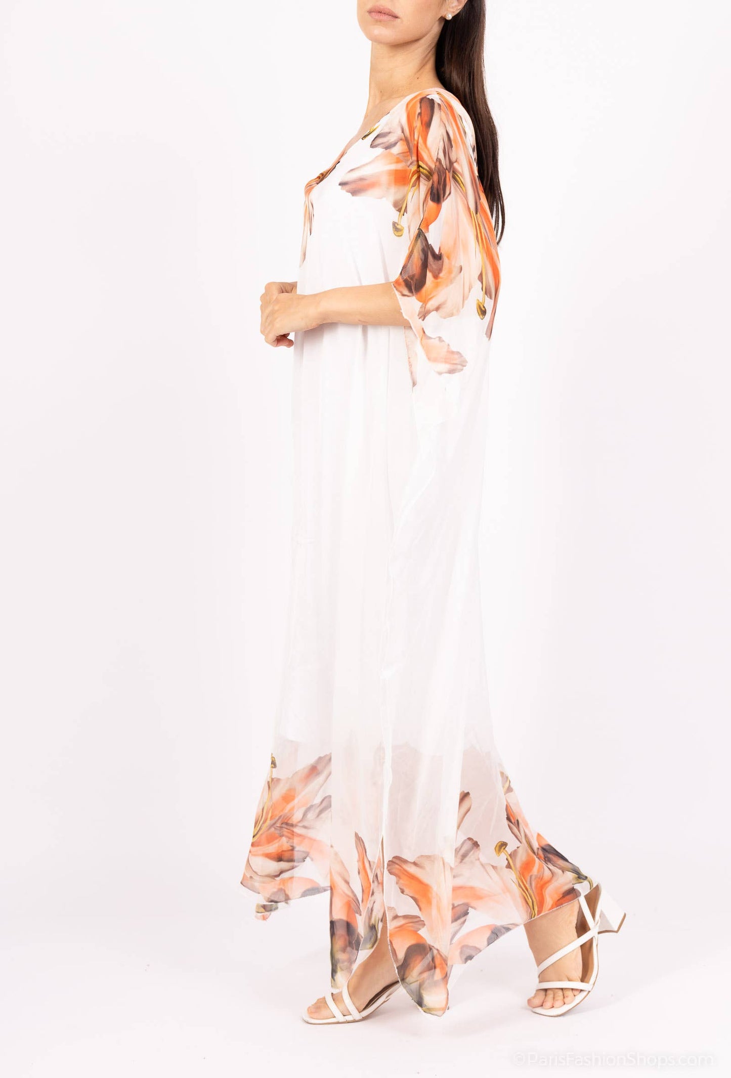 Silk dress with placed floral print: 30% silk 70% viscose / White / Size S to M