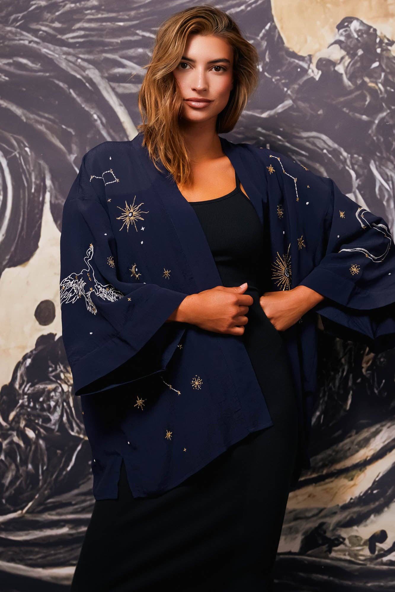 Cosmos Embroidered Navy Blue, Ivory and Gold Fully Lined Short Kimono: One Size