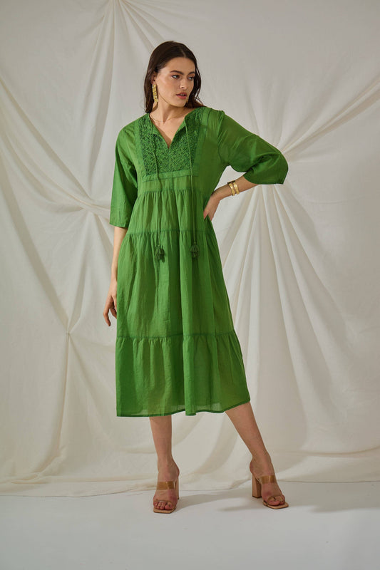 Bohemian plain cotton mid-length dress -One size