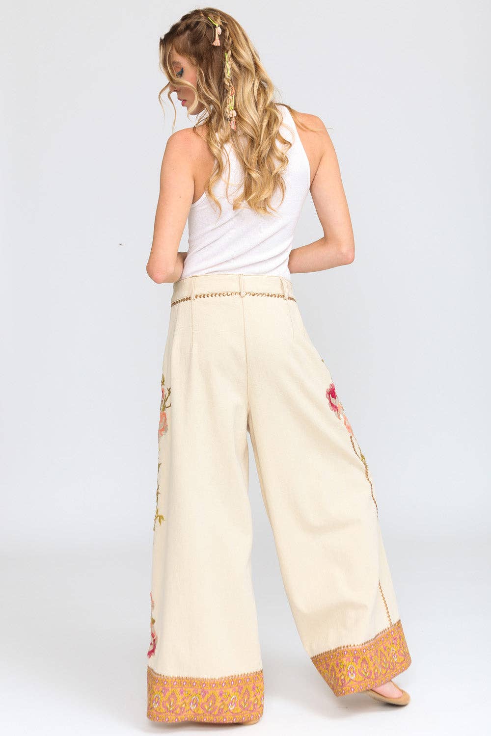 Time To Shine Denim Pants | Wide Leg Pants | Floral Pants: Cream / Small
