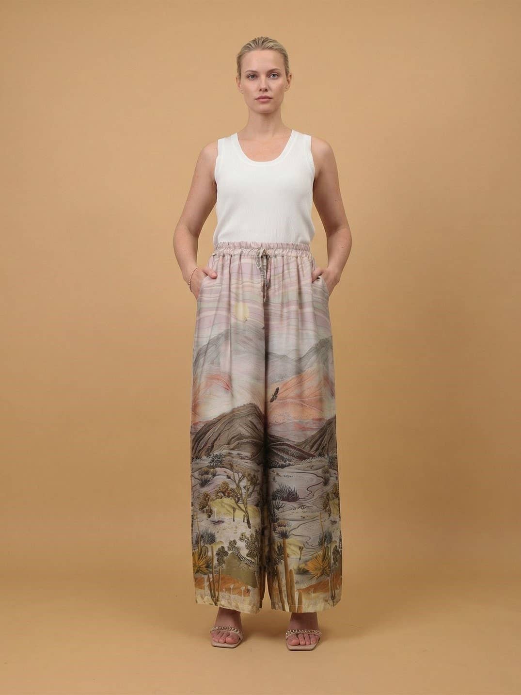 Satin landscape print trousers : Khaki