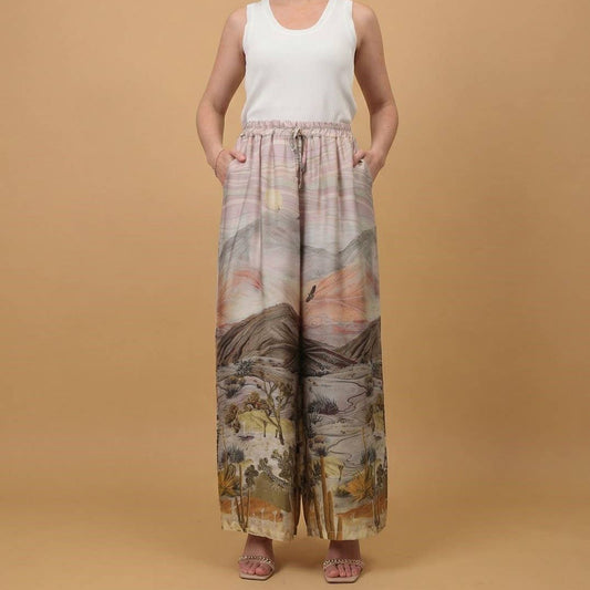 Satin landscape print trousers : Khaki
