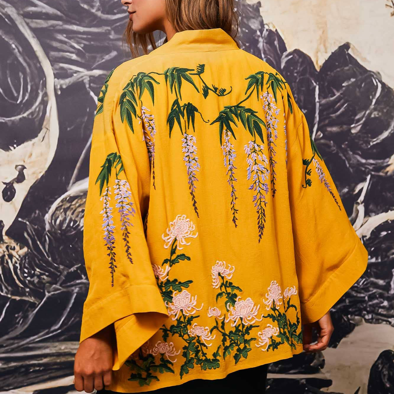 Wisteria & Chrysanthemum Embroidered Mustard Fully Lined Short Kimono: One Size